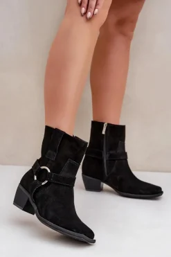 Best Zazoo Botki Z Naturalnego Zamszu Na Obcasie 3444/2 Czarne Czarny