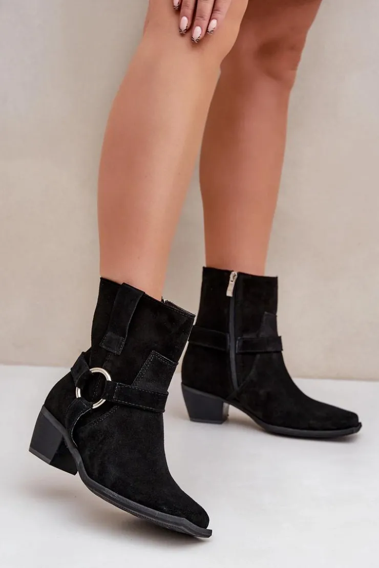 Best Zazoo Botki Z Naturalnego Zamszu Na Obcasie 3444/2 Czarne Czarny