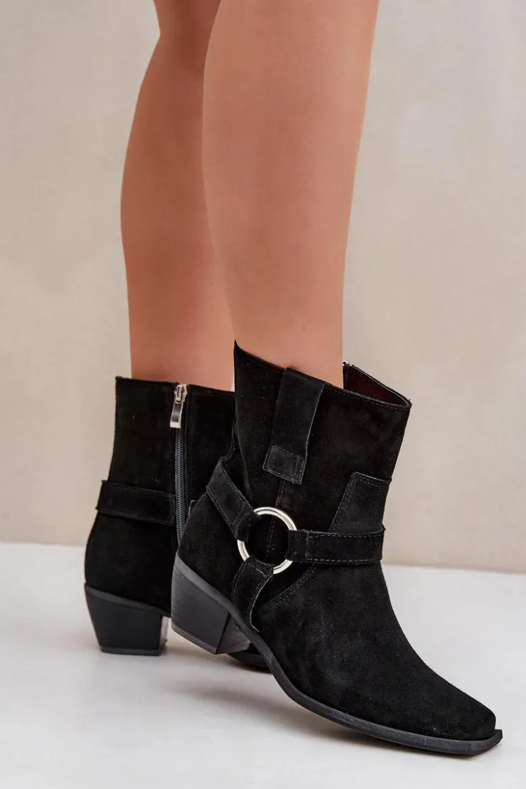 Best Zazoo Botki Z Naturalnego Zamszu Na Obcasie 3444/2 Czarne Czarny