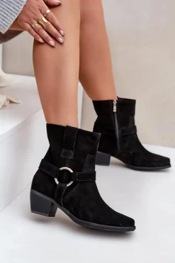 Best Zazoo Botki Z Naturalnego Zamszu Na Obcasie 3444/2 Czarne Czarny