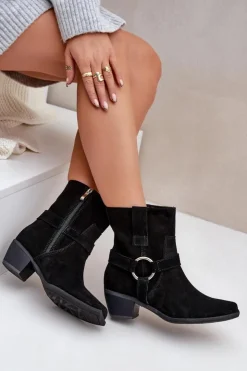 Best Zazoo Botki Z Naturalnego Zamszu Na Obcasie 3444/2 Czarne Czarny