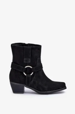 Best Zazoo Botki Z Naturalnego Zamszu Na Obcasie 3444/2 Czarne Czarny