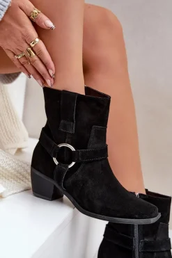 Best Zazoo Botki Z Naturalnego Zamszu Na Obcasie 3444/2 Czarne Czarny