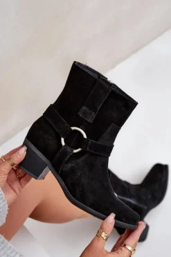 Best Zazoo Botki Z Naturalnego Zamszu Na Obcasie 3444/2 Czarne Czarny