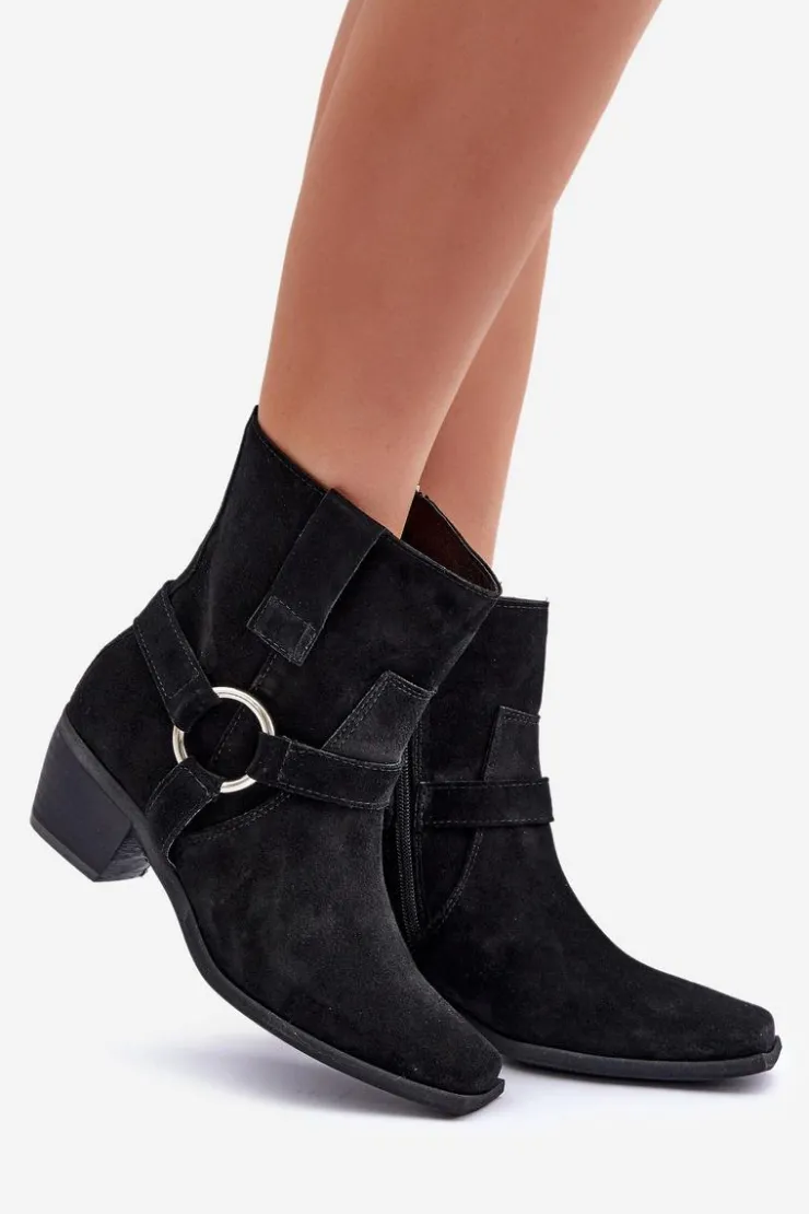 Best Zazoo Botki Z Naturalnego Zamszu Na Obcasie 3444/2 Czarne Czarny