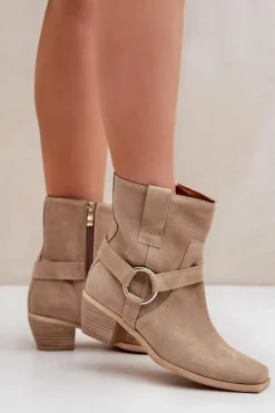 Zazoo Botki Na Słupku|Brązowe I Beżowe Botki*Botki Z Naturalnego Zamszu Na Obcasie 3444/2 Jasnobeżowe Beżowy