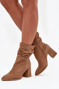 Damskie Zazoo Botki Z Naturalnego Zamszu Ocieplane Na Słupku Z Marszczeniem 4216 Beżowe