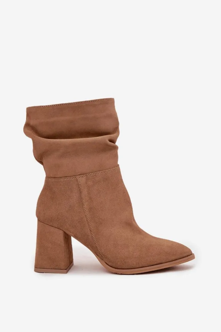 Damskie Zazoo Botki Z Naturalnego Zamszu Ocieplane Na Słupku Z Marszczeniem 4216 Beżowe