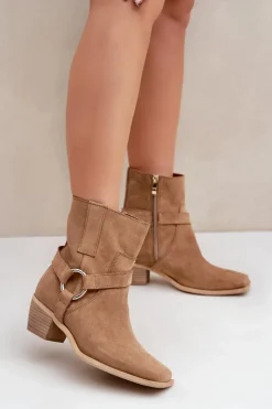 Damskie Zazoo Botki Z Naturalnego Zamszu Na Obcasie 3444/2 Beżowe