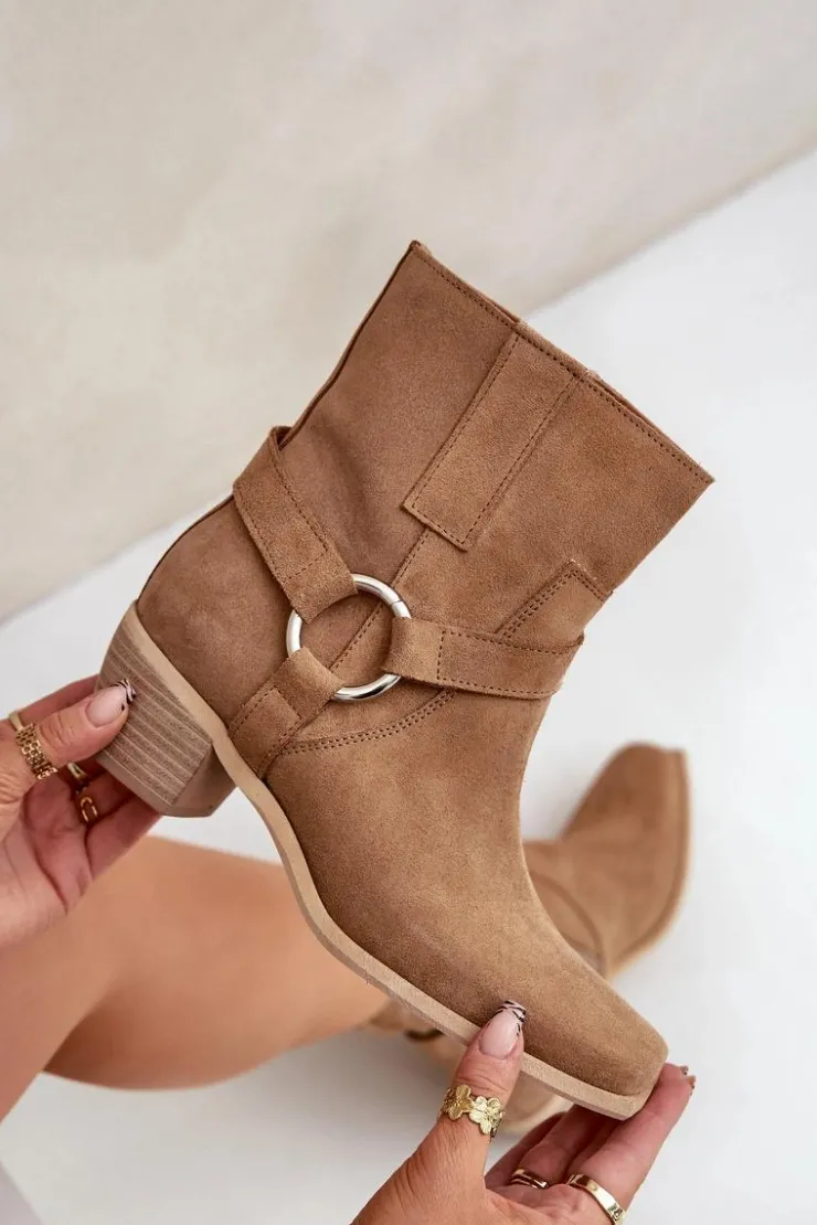 Damskie Zazoo Botki Z Naturalnego Zamszu Na Obcasie 3444/2 Beżowe