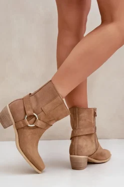Damskie Zazoo Botki Z Naturalnego Zamszu Na Obcasie 3444/2 Beżowe