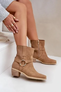 Damskie Zazoo Botki Z Naturalnego Zamszu Na Obcasie 3444/2 Beżowe