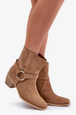 Damskie Zazoo Botki Z Naturalnego Zamszu Na Obcasie 3444/2 Beżowe