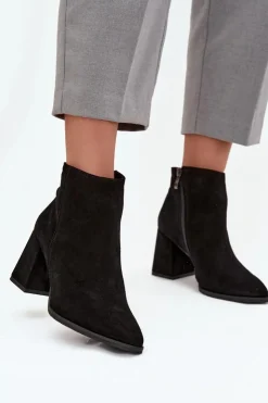 Discount Zazoo Botki Z Naturalnego Zamszu Obcas Słupek Ocieplane Czarne 3128 Czarny