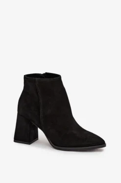 Discount Zazoo Botki Z Naturalnego Zamszu Obcas Słupek Ocieplane Czarne 3128 Czarny