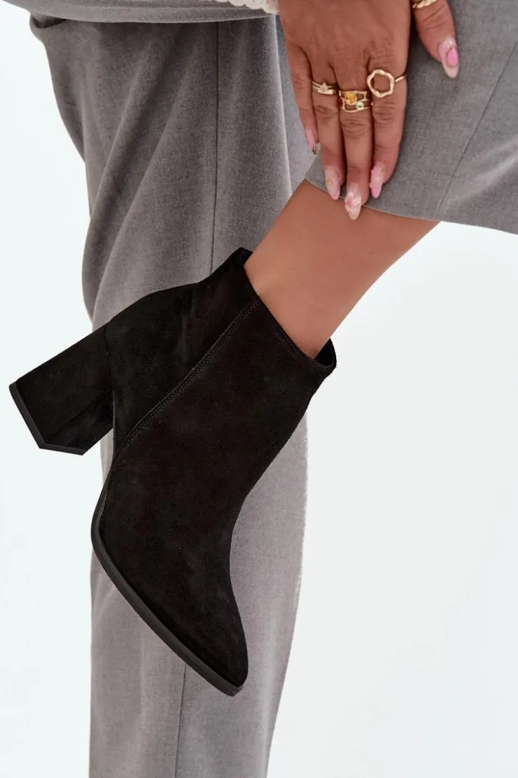 Discount Zazoo Botki Z Naturalnego Zamszu Obcas Słupek Ocieplane Czarne 3128 Czarny