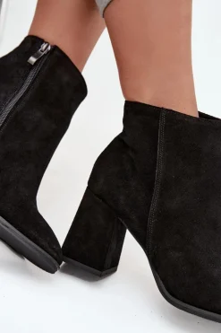 Discount Zazoo Botki Z Naturalnego Zamszu Obcas Słupek Ocieplane Czarne 3128 Czarny