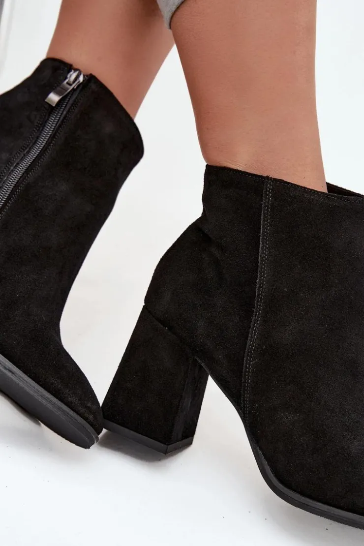 Discount Zazoo Botki Z Naturalnego Zamszu Obcas Słupek Ocieplane Czarne 3128 Czarny
