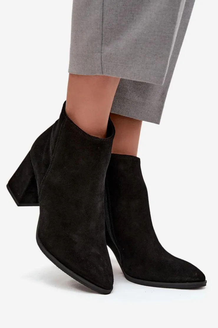 Discount Zazoo Botki Z Naturalnego Zamszu Obcas Słupek Ocieplane Czarne 3128 Czarny