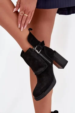 Buty damskie Vinceza Botki Ocieplane|Botki Skórzane*Botki Z Naturalnego Zamszu Na Słupku Z Klamrą Vinceza 91152 Czarne Czarny