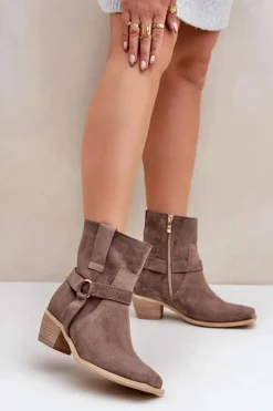 Damskie Zazoo Botki Z Naturalnego Zamszu Na Obcasie 3444/2 Brązowe