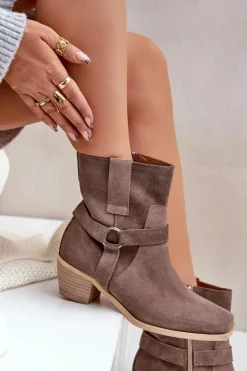 Damskie Zazoo Botki Z Naturalnego Zamszu Na Obcasie 3444/2 Brązowe