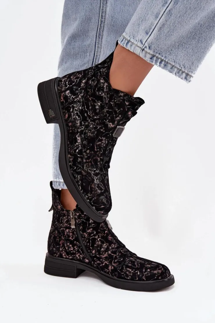 D&A Czarne Botki|Botki Na Obcasie*Botki Z Naturalnego Zamszu Na Niskim Obcasie CR52-713 Czarno-Brązowe