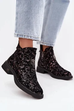 D&A Czarne Botki|Botki Na Obcasie*Botki Z Naturalnego Zamszu Na Niskim Obcasie CR52-713 Czarno-Brązowe