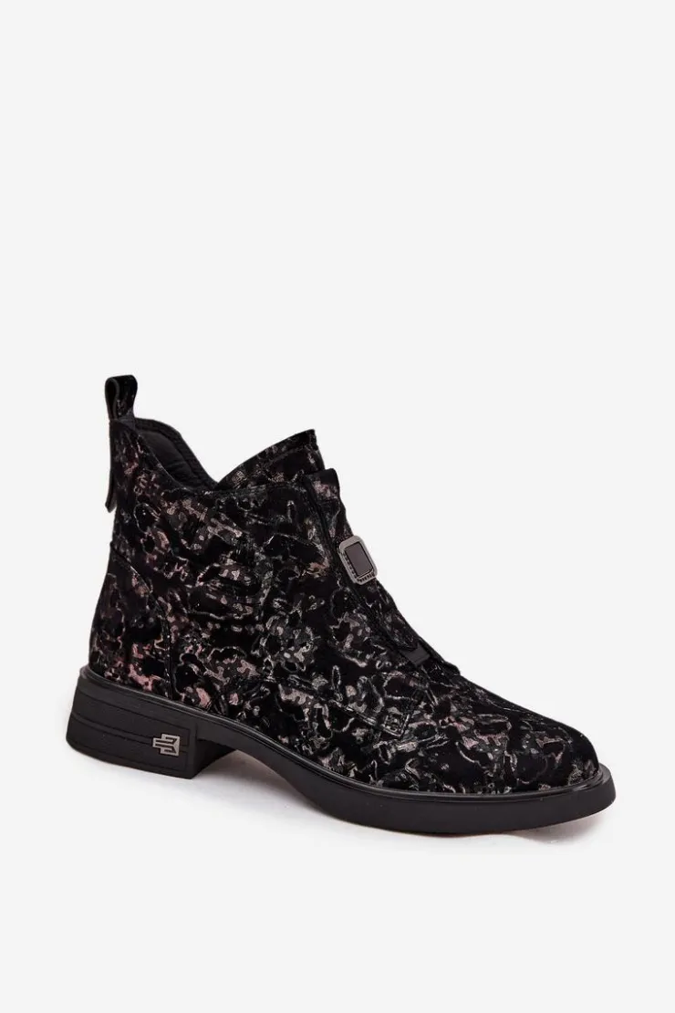 D&A Czarne Botki|Botki Na Obcasie*Botki Z Naturalnego Zamszu Na Niskim Obcasie CR52-713 Czarno-Brązowe