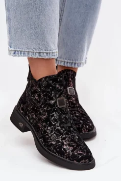 D&A Czarne Botki|Botki Na Obcasie*Botki Z Naturalnego Zamszu Na Niskim Obcasie CR52-713 Czarno-Brązowe