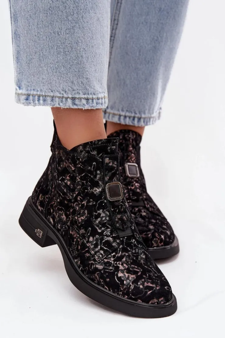 D&A Czarne Botki|Botki Na Obcasie*Botki Z Naturalnego Zamszu Na Niskim Obcasie CR52-713 Czarno-Brązowe