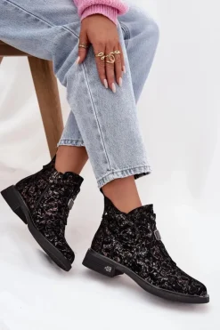 D&A Czarne Botki|Botki Na Obcasie*Botki Z Naturalnego Zamszu Na Niskim Obcasie CR52-713 Czarno-Brązowe