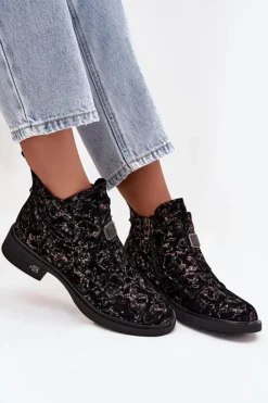 D&A Czarne Botki|Botki Na Obcasie*Botki Z Naturalnego Zamszu Na Niskim Obcasie CR52-713 Czarno-Brązowe