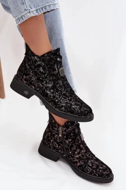 D&A Czarne Botki|Botki Na Obcasie*Botki Z Naturalnego Zamszu Na Niskim Obcasie CR52-713 Czarno-Brązowe