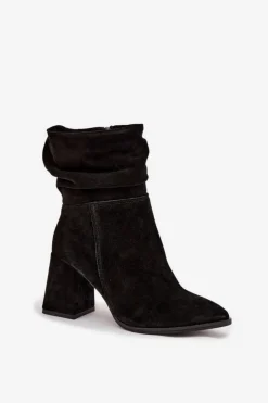 Zazoo Botki Ocieplane|Botki Skórzane*Botki Z Naturalnego Zamszu Ocieplane Na Słupku Z Marszczeniem 4216 Czarne Czarny