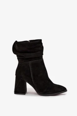 Zazoo Botki Ocieplane|Botki Skórzane*Botki Z Naturalnego Zamszu Ocieplane Na Słupku Z Marszczeniem 4216 Czarne Czarny