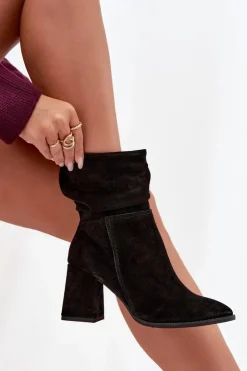 Zazoo Botki Ocieplane|Botki Skórzane*Botki Z Naturalnego Zamszu Ocieplane Na Słupku Z Marszczeniem 4216 Czarne Czarny