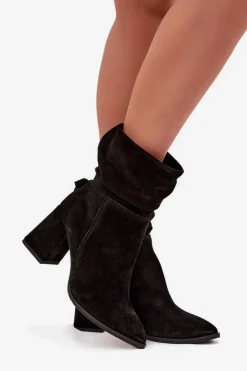 Zazoo Botki Ocieplane|Botki Skórzane*Botki Z Naturalnego Zamszu Ocieplane Na Słupku Z Marszczeniem 4216 Czarne Czarny