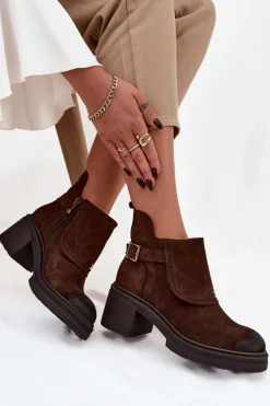 Zazoo Botki Skórzane|Botki Na Słupku*Botki Z Naturalnego Zamszu Ocieplane 1156 Czekoladowe