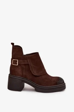 Zazoo Botki Skórzane|Botki Na Słupku*Botki Z Naturalnego Zamszu Ocieplane 1156 Czekoladowe