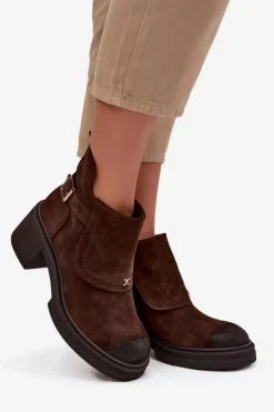 Zazoo Botki Skórzane|Botki Na Słupku*Botki Z Naturalnego Zamszu Ocieplane 1156 Czekoladowe