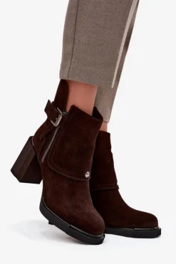 Damskie Buty damskie Vinceza Botki Z Naturalnego Zamszu Na Słupku Z Klamrą Vinceza 91152 Czekoladowe