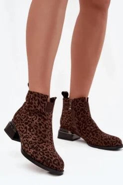 D&A Botki Ocieplane|Botki Skórzane*Botki Z Naturalnego Zamszu Na Klocku Panterka JC52-852 Brązowe