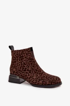 D&A Botki Ocieplane|Botki Skórzane*Botki Z Naturalnego Zamszu Na Klocku Panterka JC52-852 Brązowe