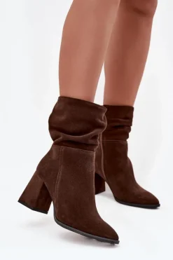 Damskie Zazoo Botki Z Naturalnego Zamszu Ocieplane Na Słupku Z Marszczeniem 4216 Czekoladowe