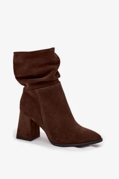 Damskie Zazoo Botki Z Naturalnego Zamszu Ocieplane Na Słupku Z Marszczeniem 4216 Czekoladowe