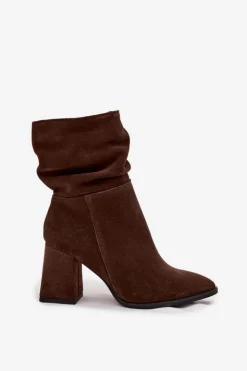 Damskie Zazoo Botki Z Naturalnego Zamszu Ocieplane Na Słupku Z Marszczeniem 4216 Czekoladowe