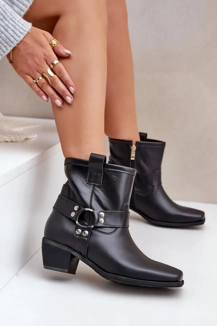 Zazoo Botki Z Naturalnej Skóry Na Obcasie 3444/2 Czarne Czarny