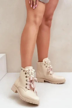 Damskie Boto Botki Z Perełkami Dżetami I Wstążką Beżowe Nudago