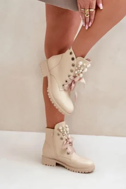 Damskie Boto Botki Z Perełkami Dżetami I Wstążką Beżowe Nudago